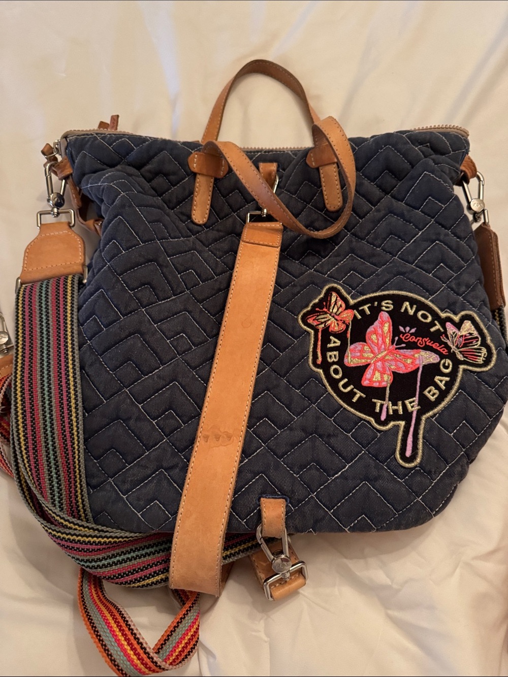 Consuela Navy Quilted Backpack with Tan Trim and Multicolor Strap